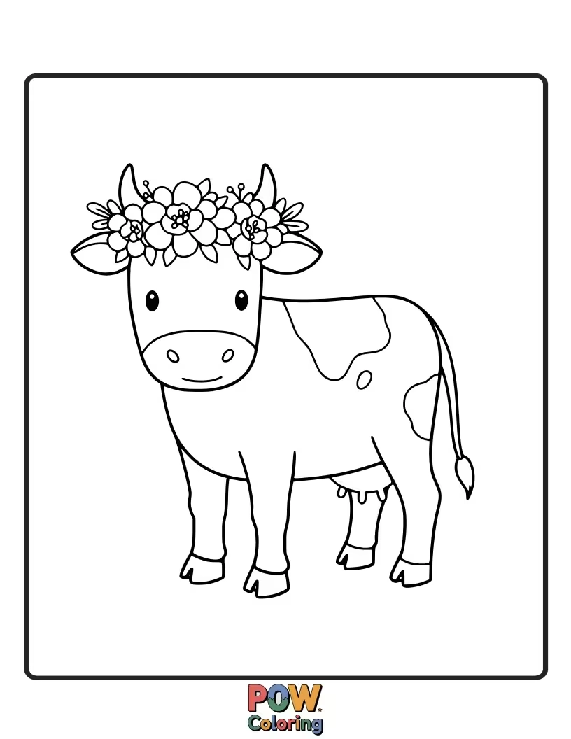 Free coloring page of A pretty cow wearing a flower crown on its head. Perfect for adding floral colors and a touch of nature.