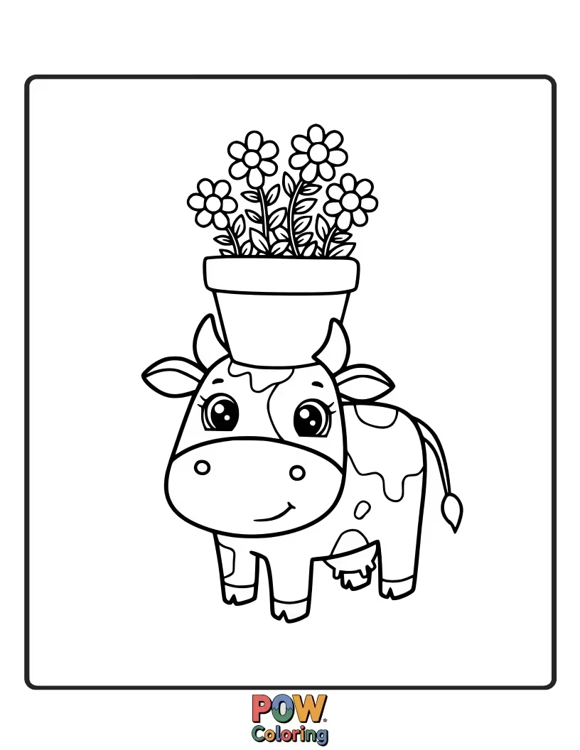 Free coloring page of A cow beside a simple flower pot. This design allows for coloring both the cow and a planted flower.