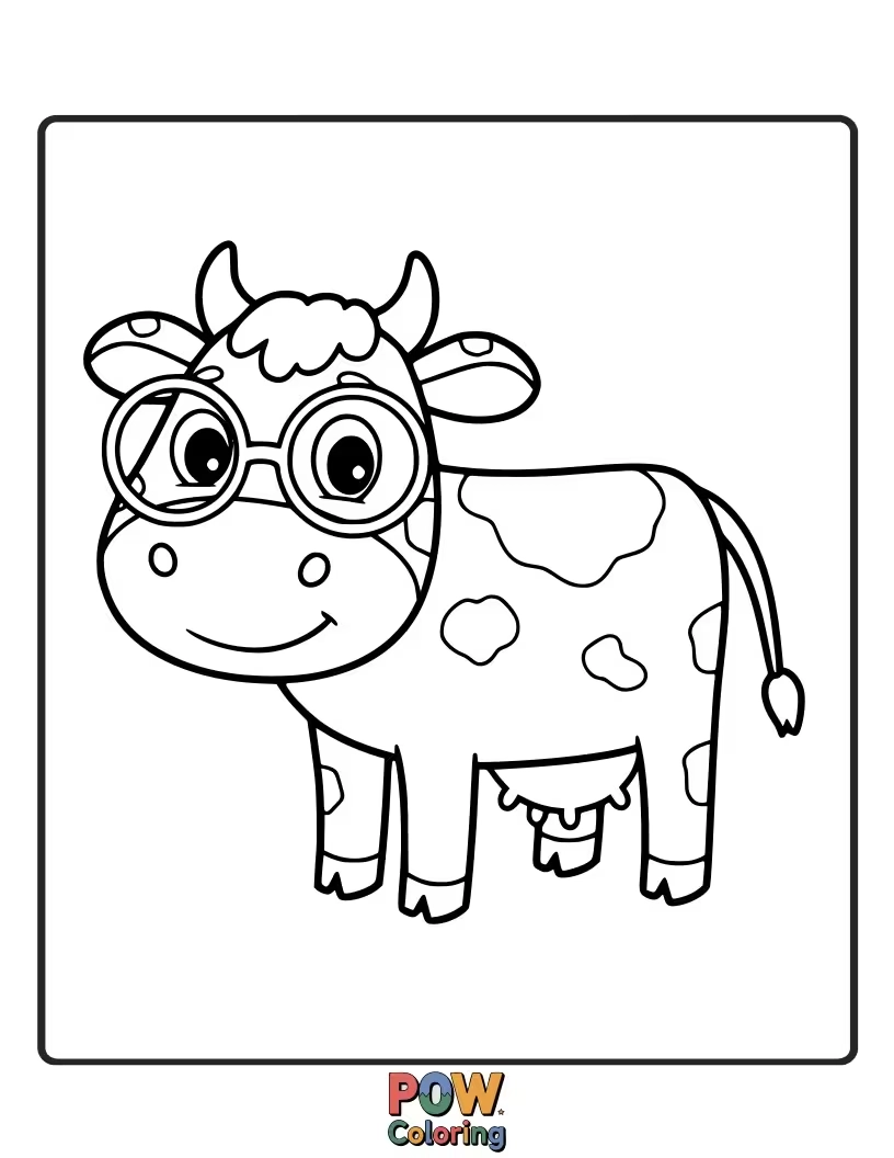Free coloring page of A smart-looking cow wearing a pair of glasses. This design is great for adding a touch of personality.