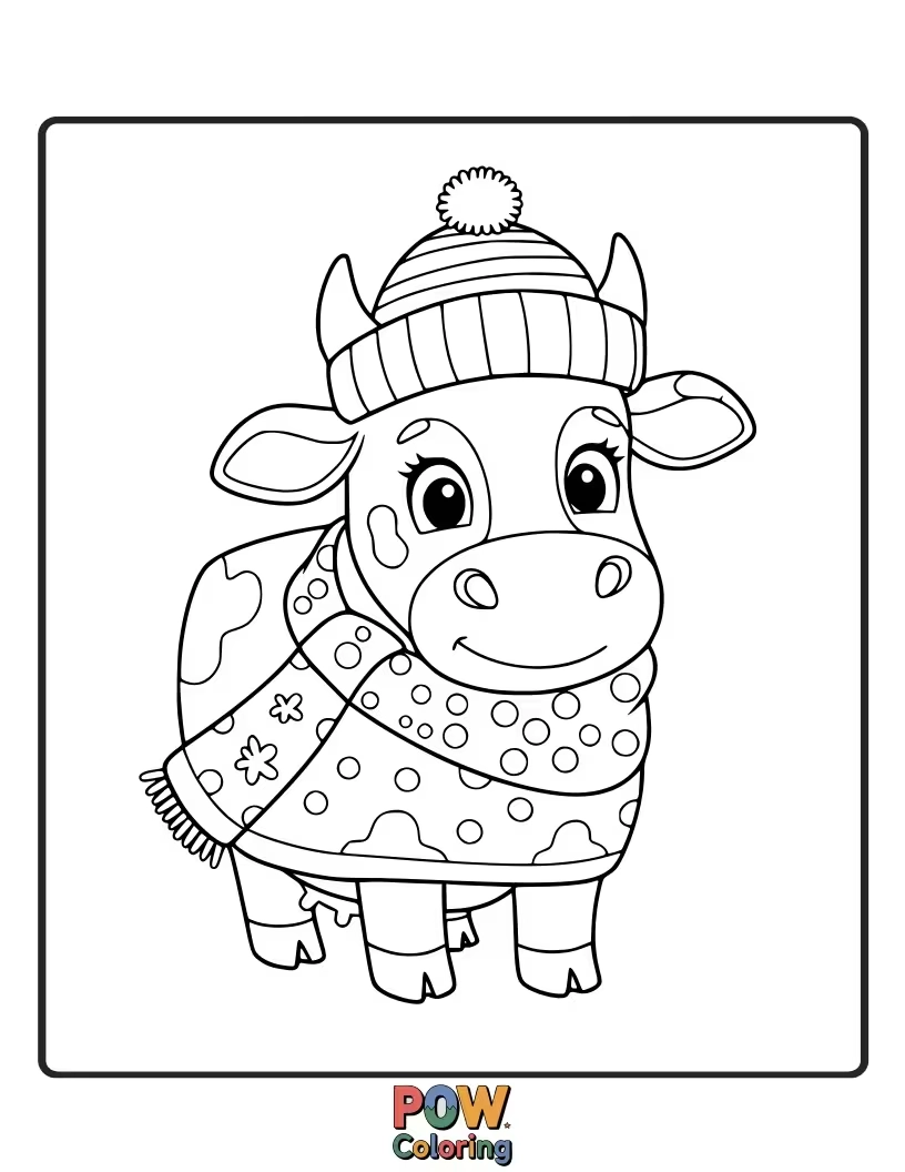 Free coloring page of A cozy cow dressed in a hat and scarf. This is perfect for seasonal or themed coloring.