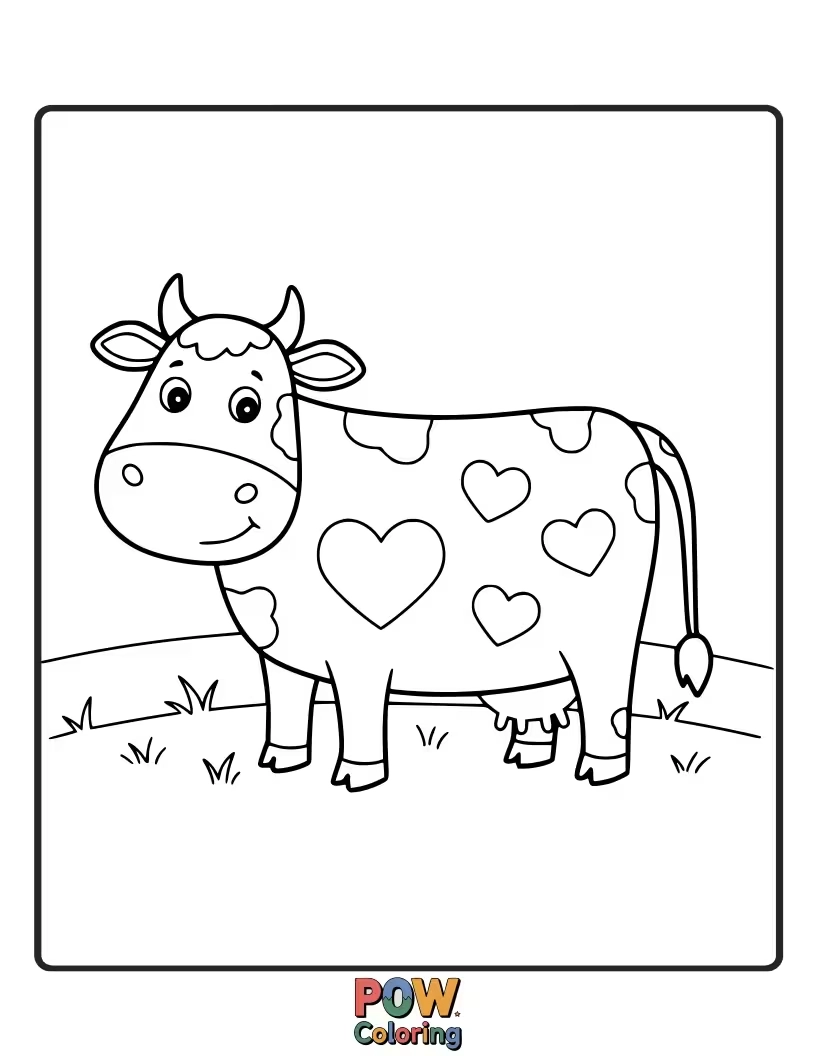 Free coloring page of A cute cow surrounded by floating hearts. This sweet design is ideal for expressing love and creativity.