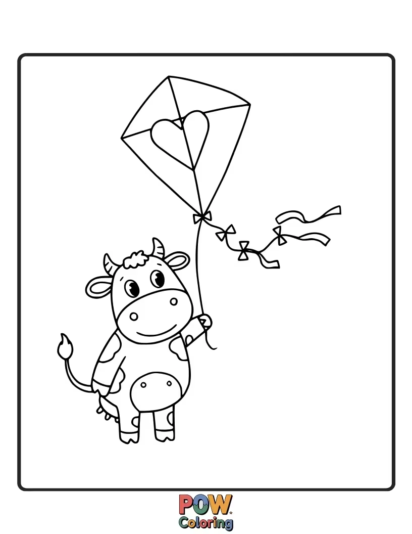Free coloring page of A playful cow flying a simple kite. This action shot is fun for coloring outdoors.