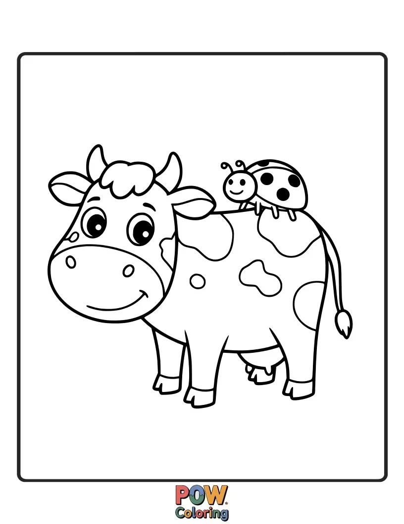 Free coloring page of A friendly cow with a cute ladybug resting on it. This small detail adds charm and color.