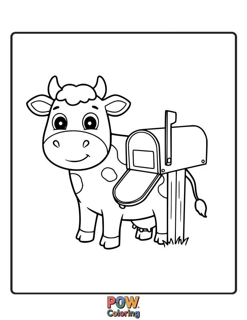 Free coloring page of A cow standing next to a simple rural mailbox. This image can be used to explore farm life details.