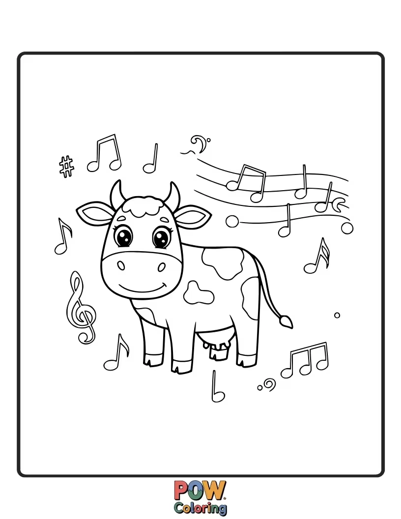 Free coloring page of A musical cow surrounded by simple musical notes. This design is perfect for little ones who love songs.