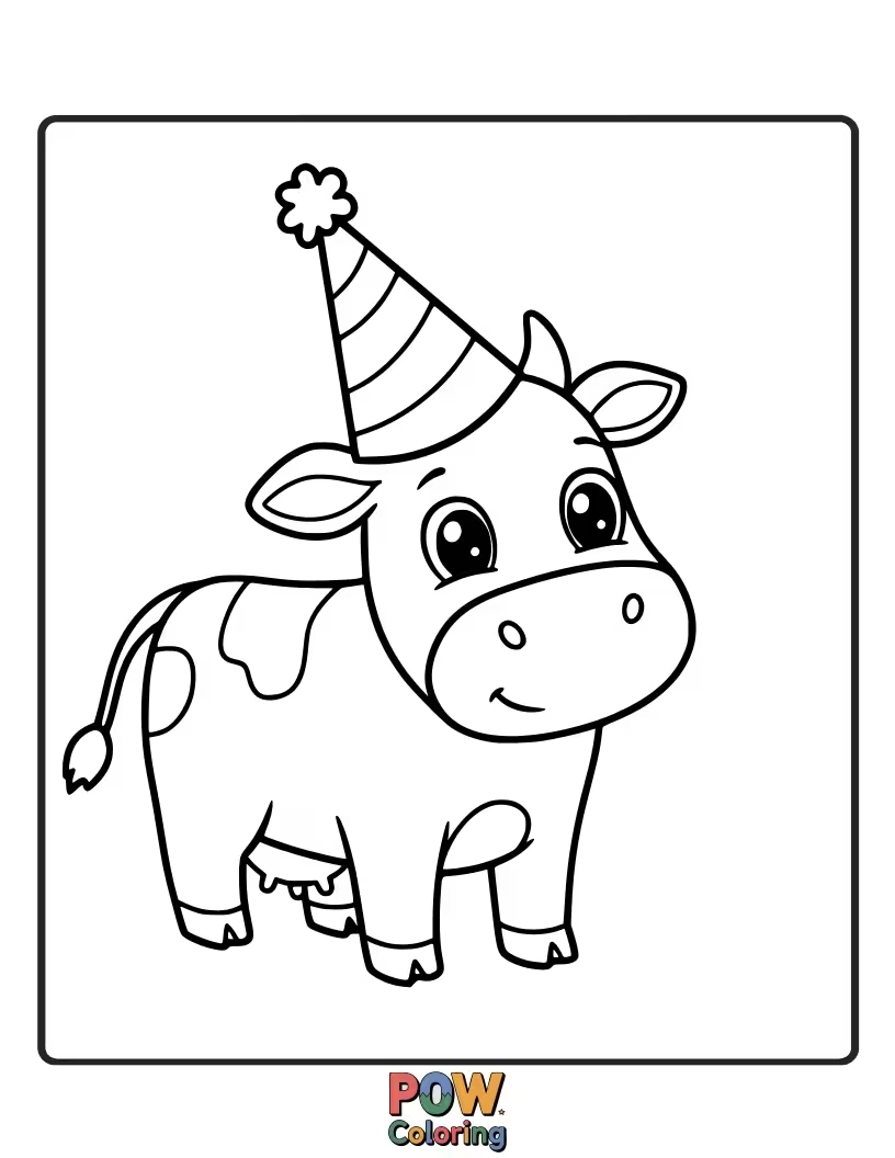 Free coloring page of A festive cow wearing a birthday party hat. This encourages a celebration of colors and joy.