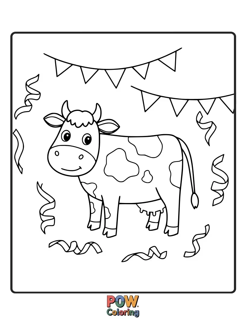 Free coloring page of A festive cow decorated with simple party streamers. This makes any coloring session a celebration.