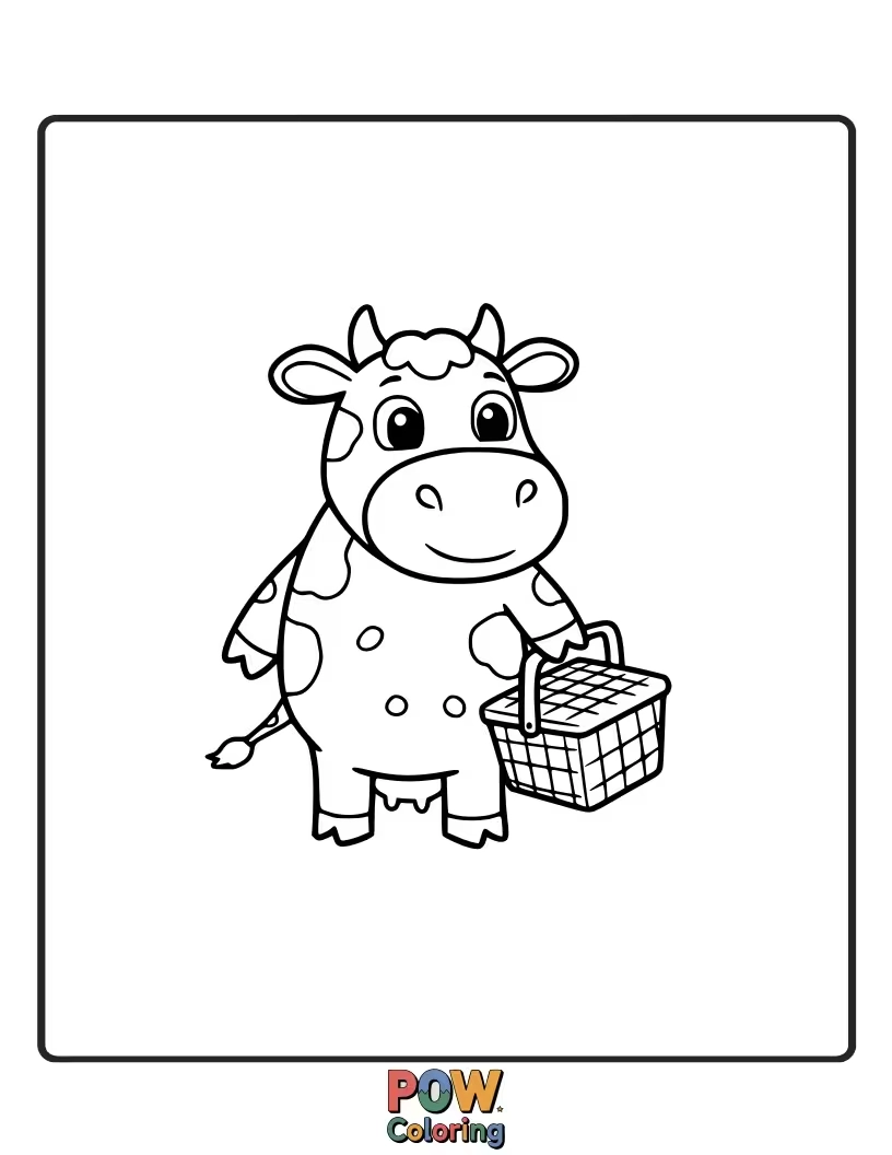 Free coloring page of A cow ready for a picnic with a simple basket. This promotes outdoor fun and imaginative play.