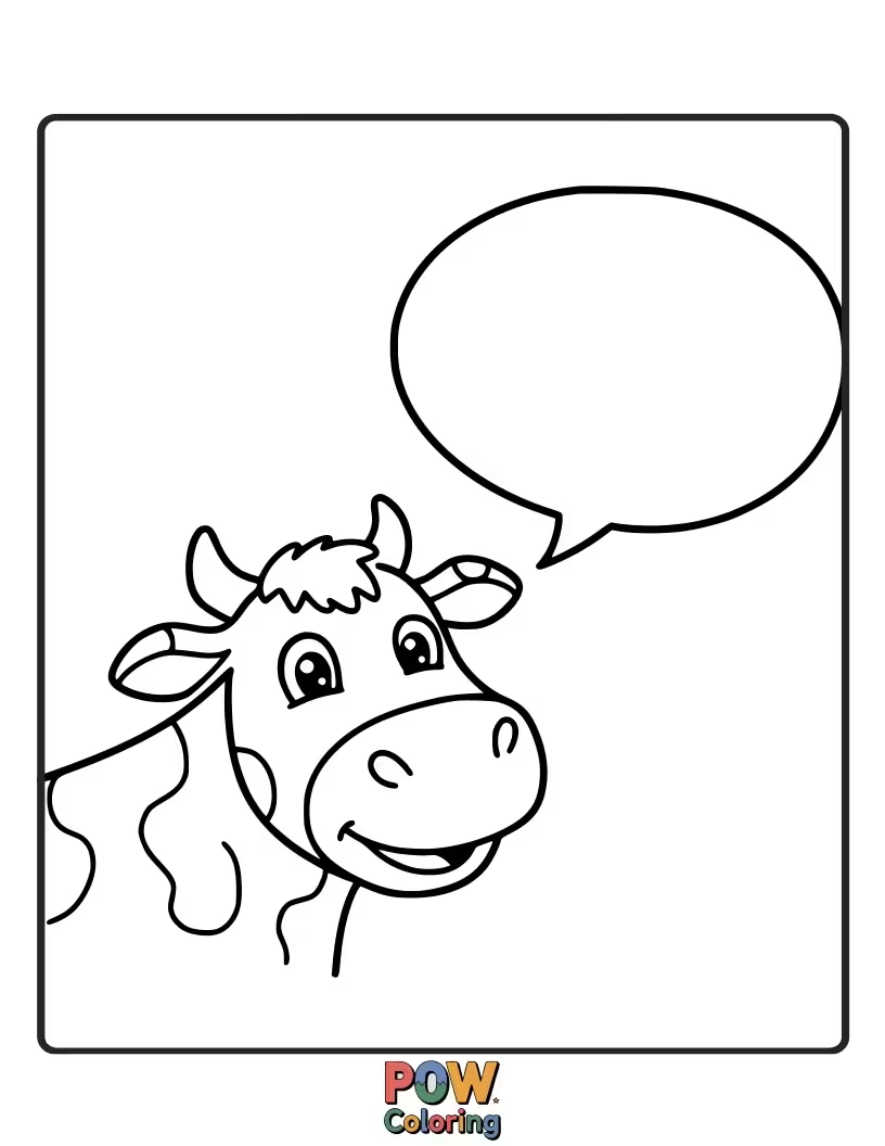 Free coloring page of A cow with a blank speech bubble. This encourages kids to draw or write what the cow might say.