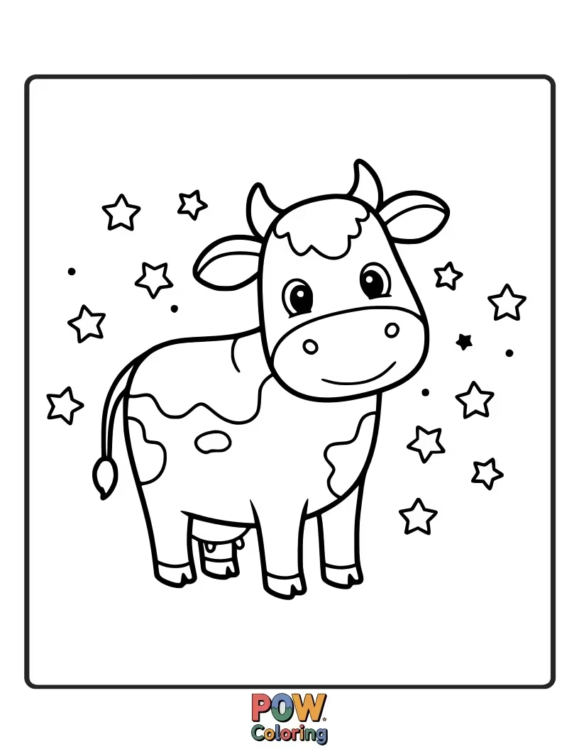 Free coloring page of A celestial cow under a sky filled with simple stars. This magical theme encourages imagination.