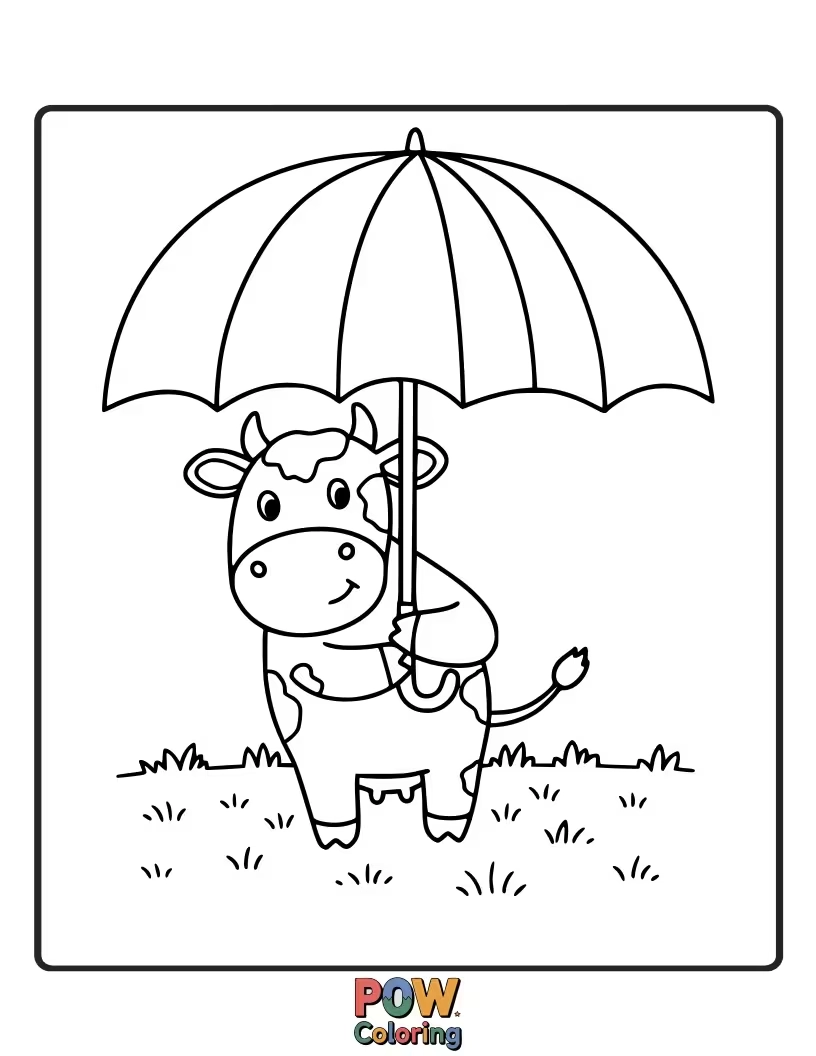Free coloring page of A cow holding an umbrella for a rainy day. This is a sweet scene for practicing coloring weather elements.