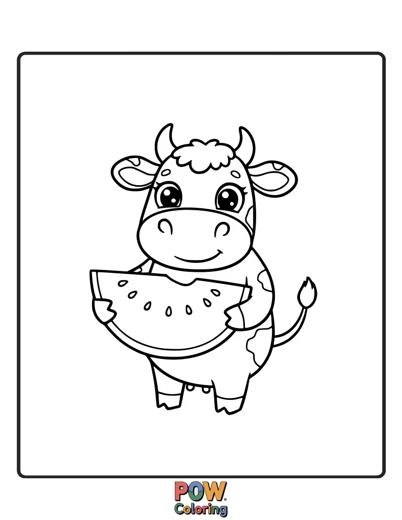 Free coloring page of A refreshing cow enjoying a slice of watermelon. This is a fun way to color a summer treat.