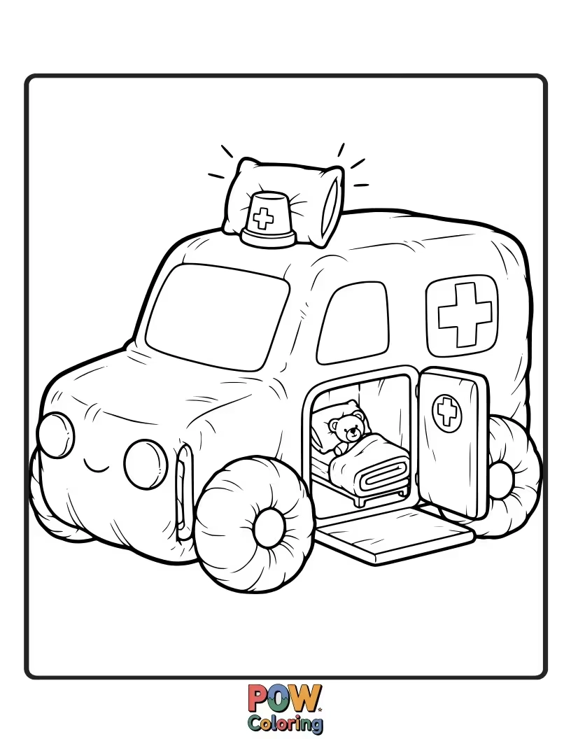 Free coloring page of A soft and warm ambulance made from a patchwork quilt, perfect for comforting little ones.