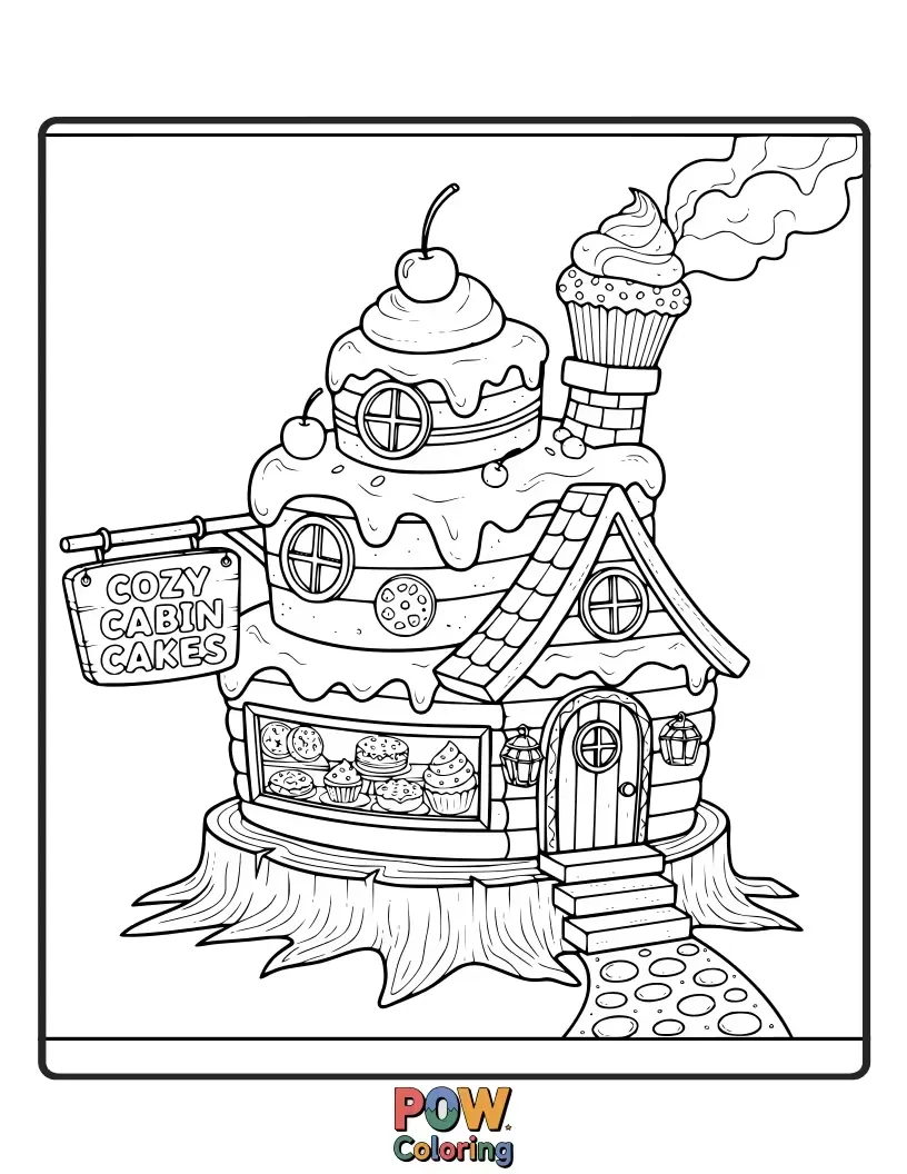Free coloring page of Charming cakes designed to look like miniature log cabins, complete with smoking chimneys and snowy roofs.