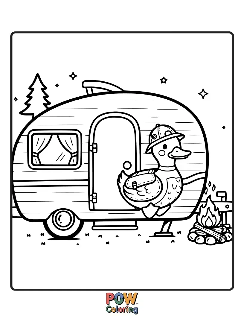 Free coloring page of This happy duck is roasting marshmallows by a campfire under a starry night sky.