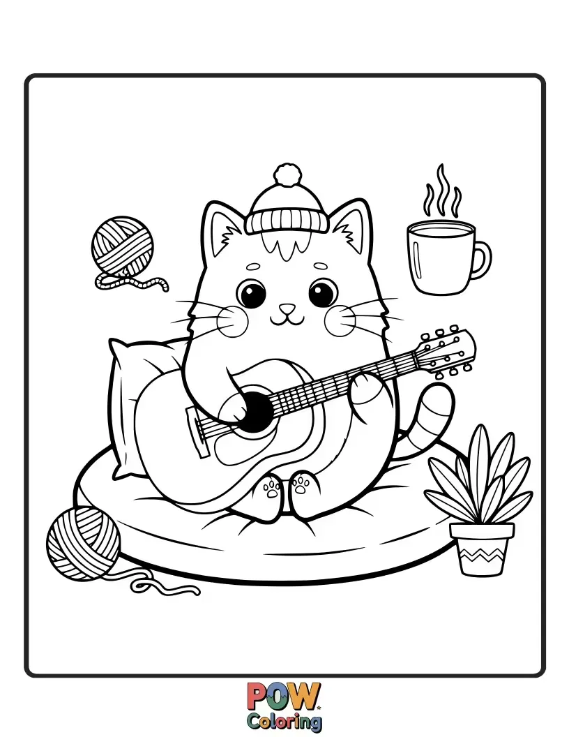 Free coloring page of A content cat curled up on a guitar, purring along to imaginary tunes.