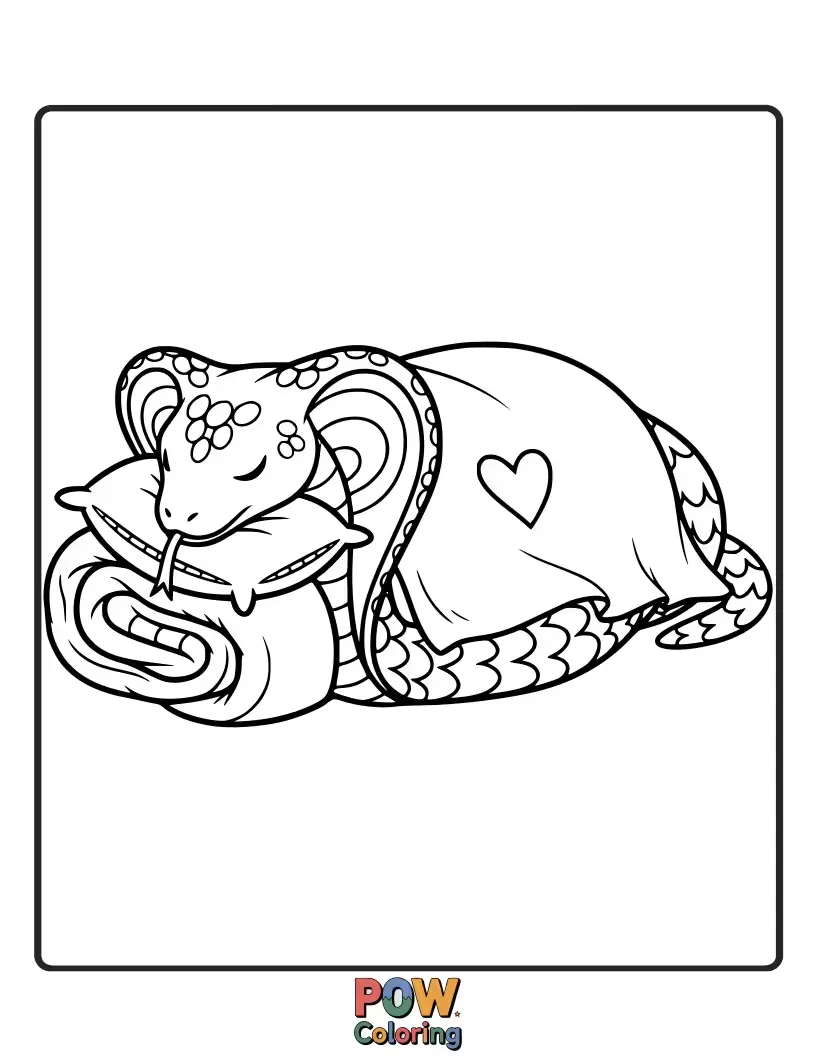 Free coloring page of A cute cobra snake snuggled under a patchwork quilt, looking warm and content.
