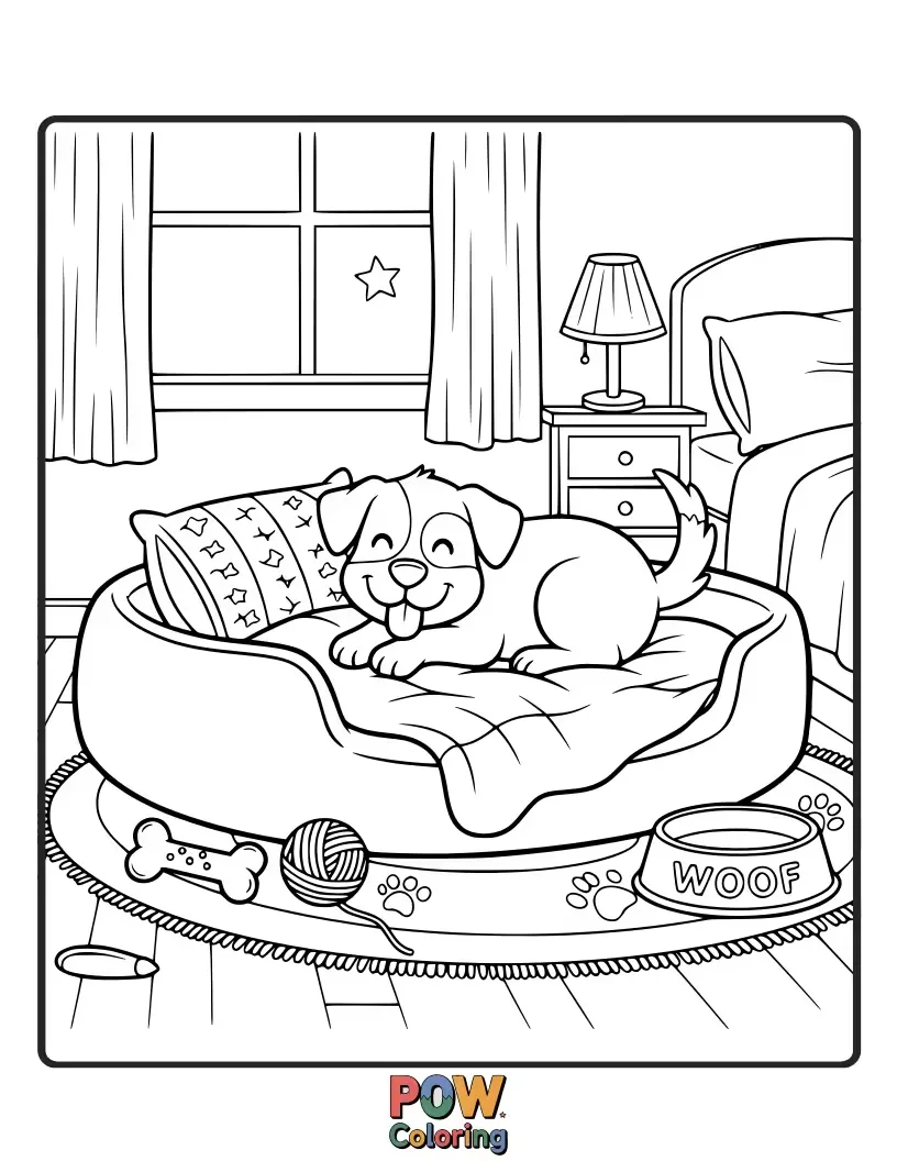Free coloring page of Heartwarming dogs curled up in cozy blankets, surrounded by books and steaming mugs, creating a peaceful and comforting image.