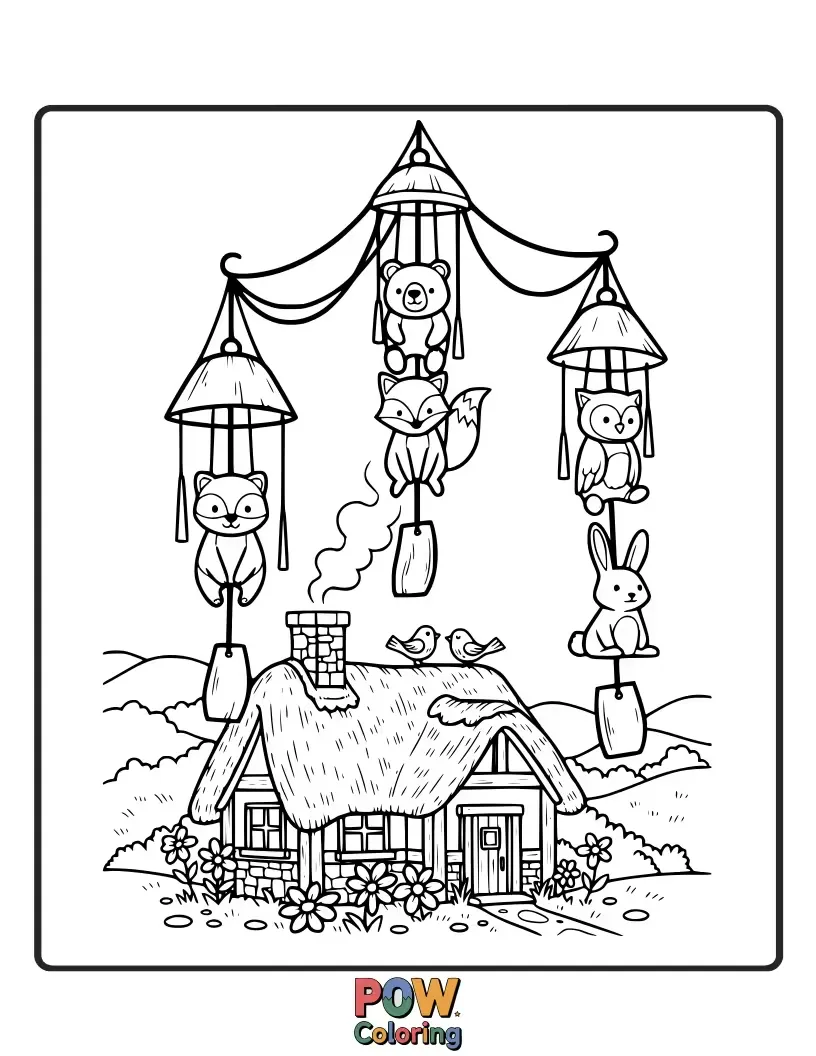 Free coloring page of Charming wind chimes hanging from the eaves of a cute, storybook cottage.
