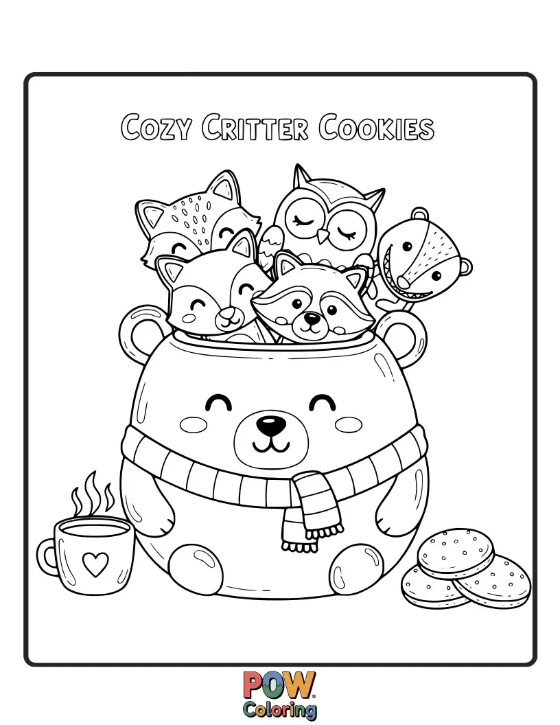 Free coloring page of Warm and cuddly cookies shaped like sleeping animals nestled in blankets. A truly heartwarming coloring experience.