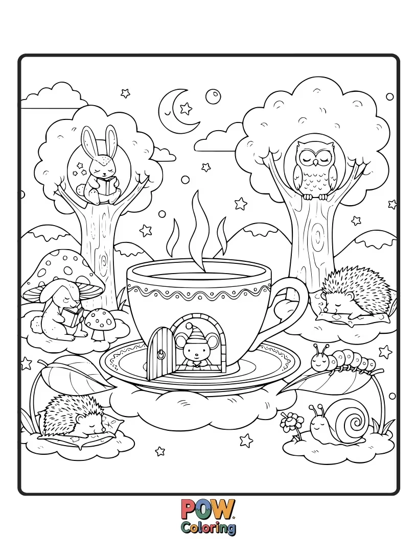 Free coloring page of Small, charming houses designed for various cute critters, with tiny gardens and winding paths. A sweet, miniature world.
