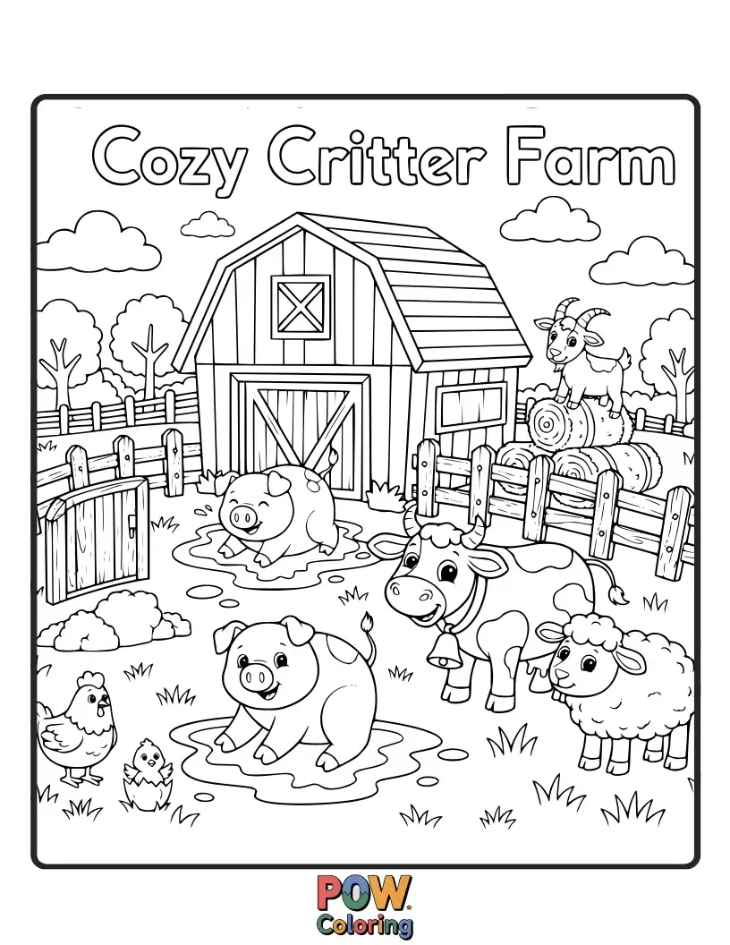 Free coloring page of Small, adorable farm animals huddled together in a warm, inviting barn.