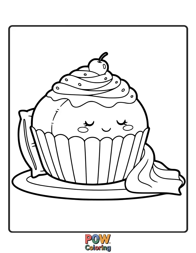 Free coloring page of A delightful pillow shaped like a sweet cupcake, complete with frosting and a cherry. Indulge in coloring this sugary dream!