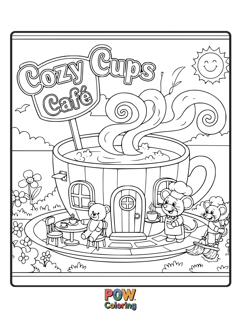 Free coloring page of Warm and inviting cups serve steaming beverages in a charming cafe setting, perfect for a relaxing coloring moment.