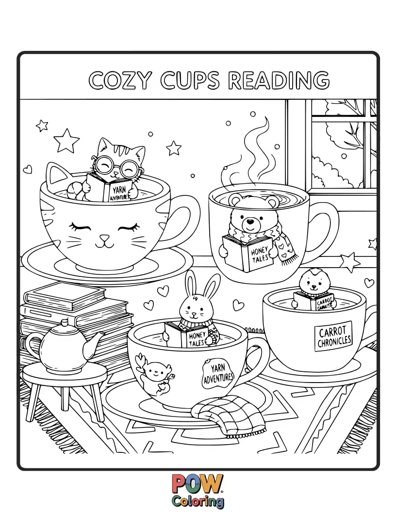 Free coloring page of Gentle cups curled up with books and warm drinks, enjoying a quiet and peaceful moment.