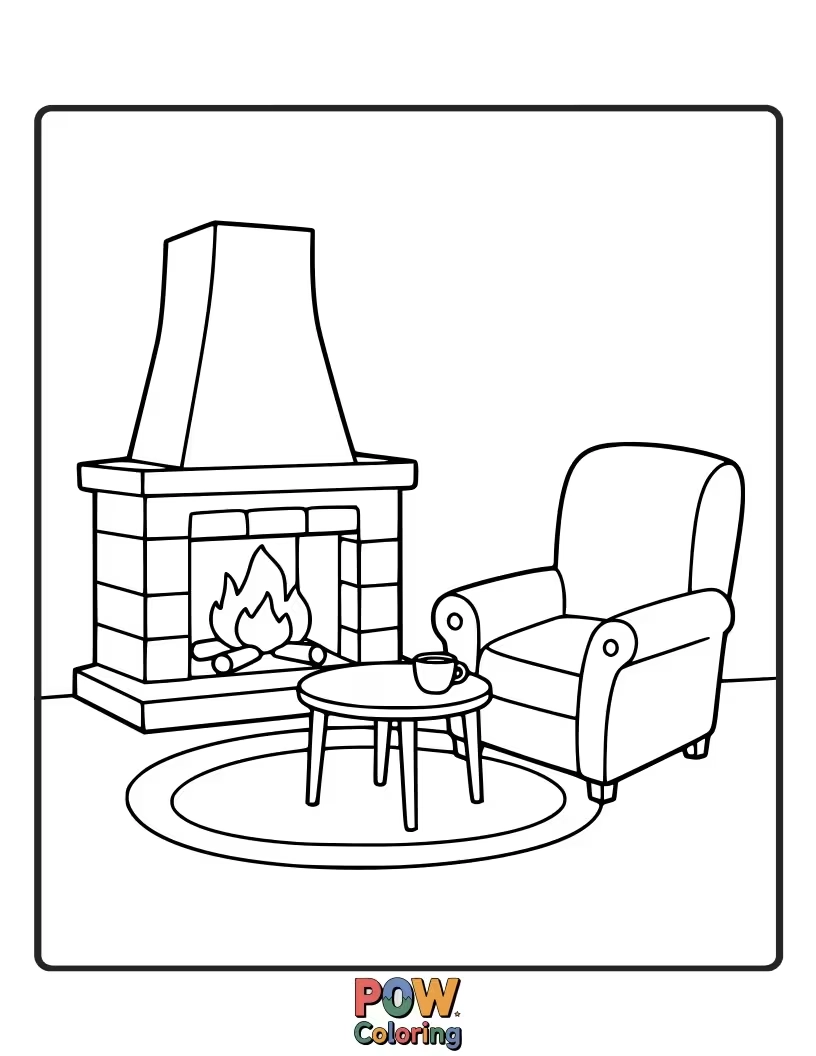 Free coloring page of A warm and inviting fireplace with stockings hung, a roaring fire, and presents piled nearby. Perfect for a comforting holiday feel.