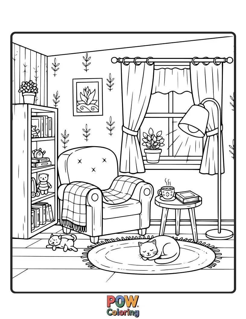 Free coloring page of A fluffy cat naps on a sun-drenched windowsill, surrounded by potted plants. Perfect for a peaceful coloring session.