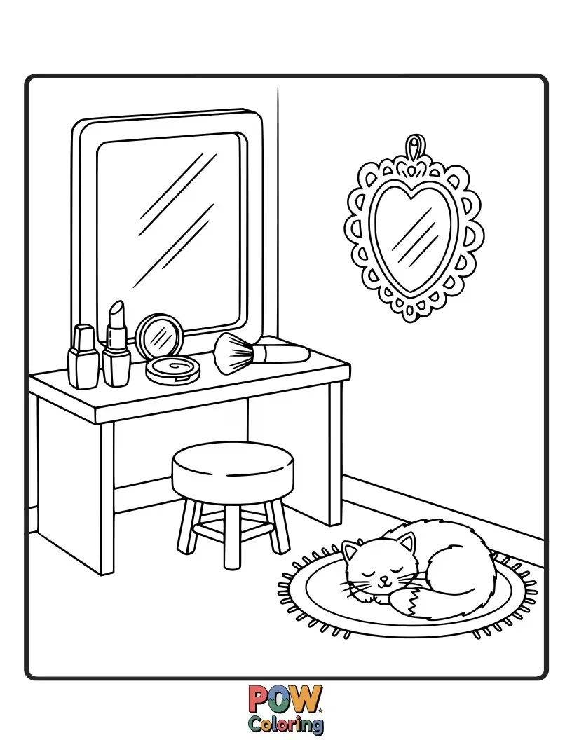 Free coloring page of A comfortable armchair with a vanity table adorned with charming makeup items. Create a relaxing and beautiful personal space.