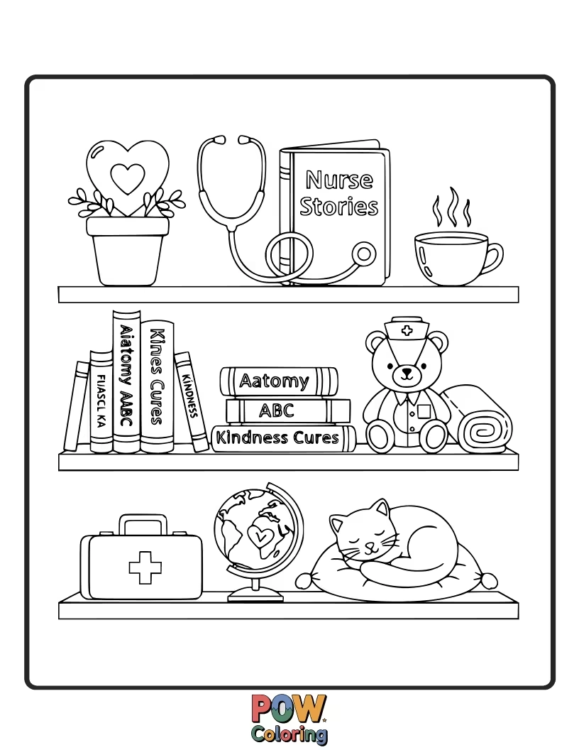 Free coloring page of A bookish nurse surrounded by stacks of medical knowledge, offering comfort and wisdom from her literary treasures.