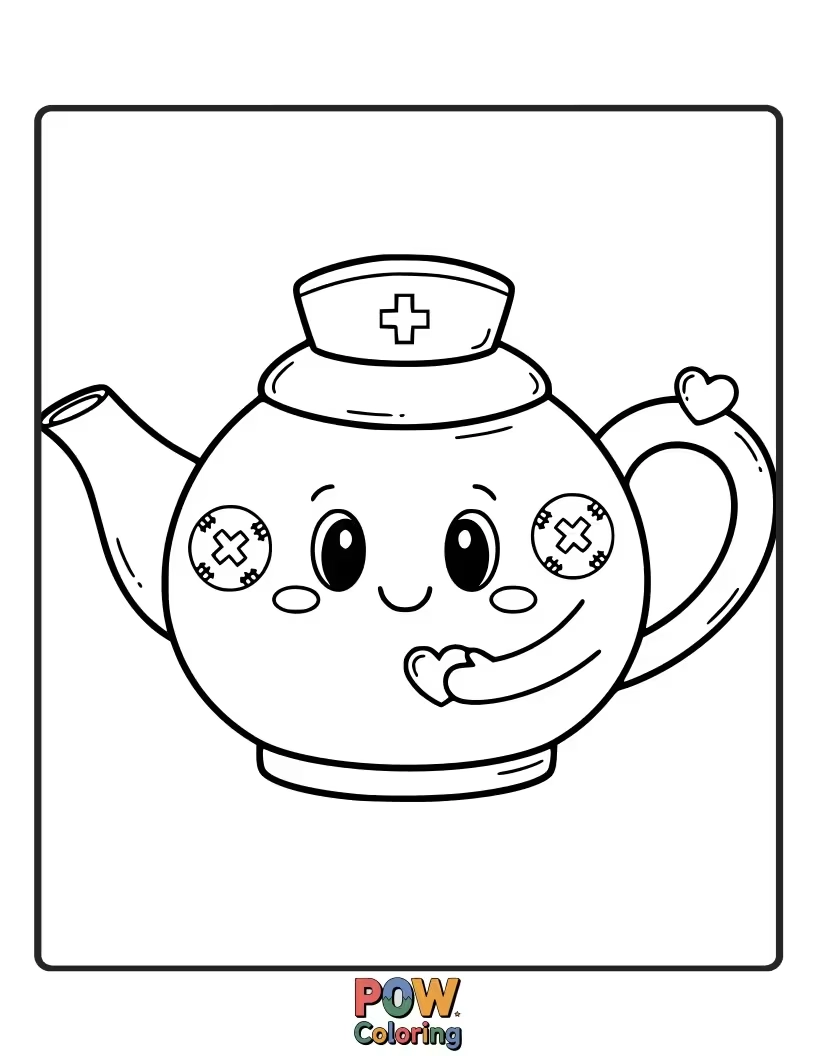 Free coloring page of A warm and comforting nurse pouring warm tea from her teapot-stethoscope, soothing away worries and aches.