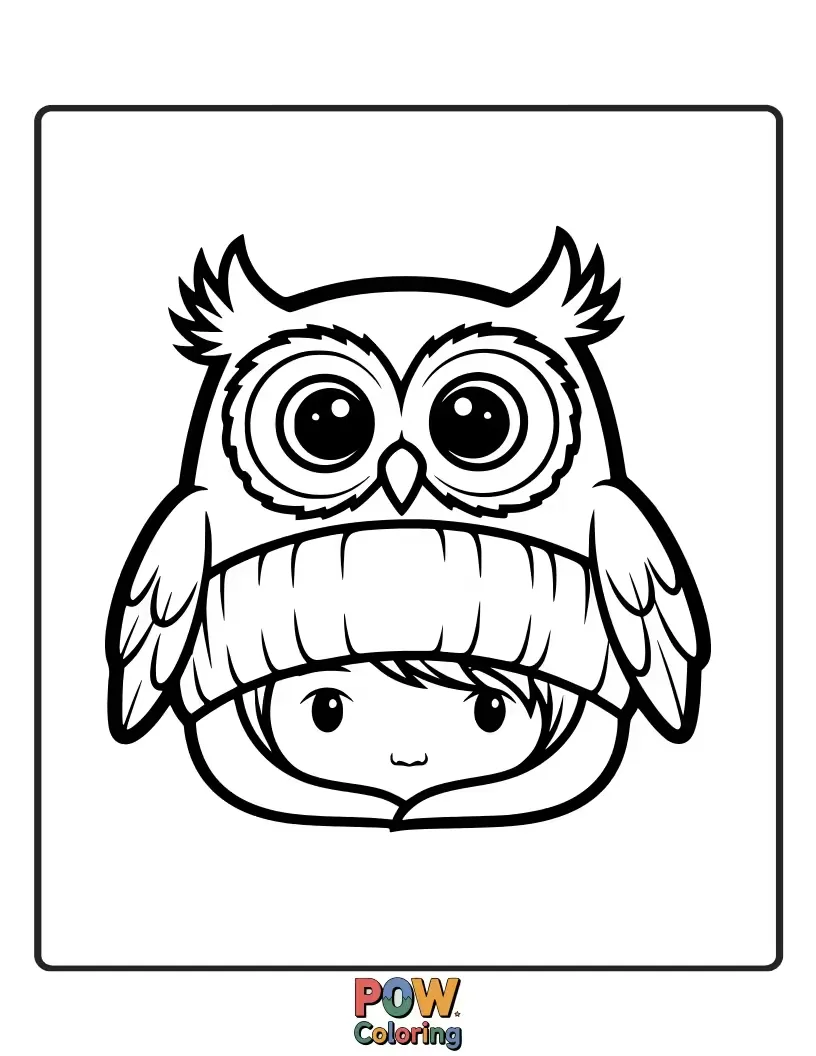 Free coloring page of A wise and cuddly hat designed as an owl's face, with large, curious eyes and fluffy feathers. Hoot hoot!