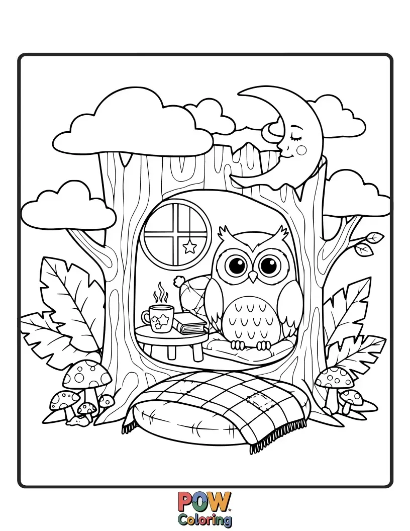 Free coloring page of A fluffy owl nestled inside a hollow tree stump, surrounded by soft leaves and warm light.