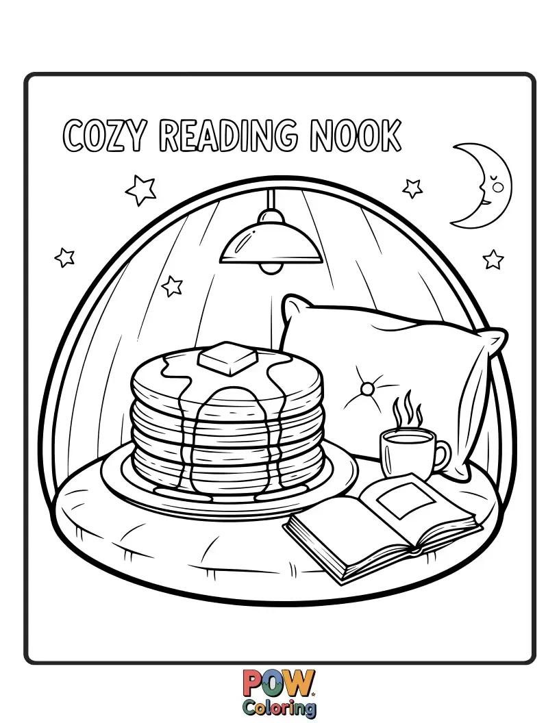 Free coloring page of A stack of pancakes transformed into a miniature reading nook, complete with tiny books and a warm, glowing lamp.