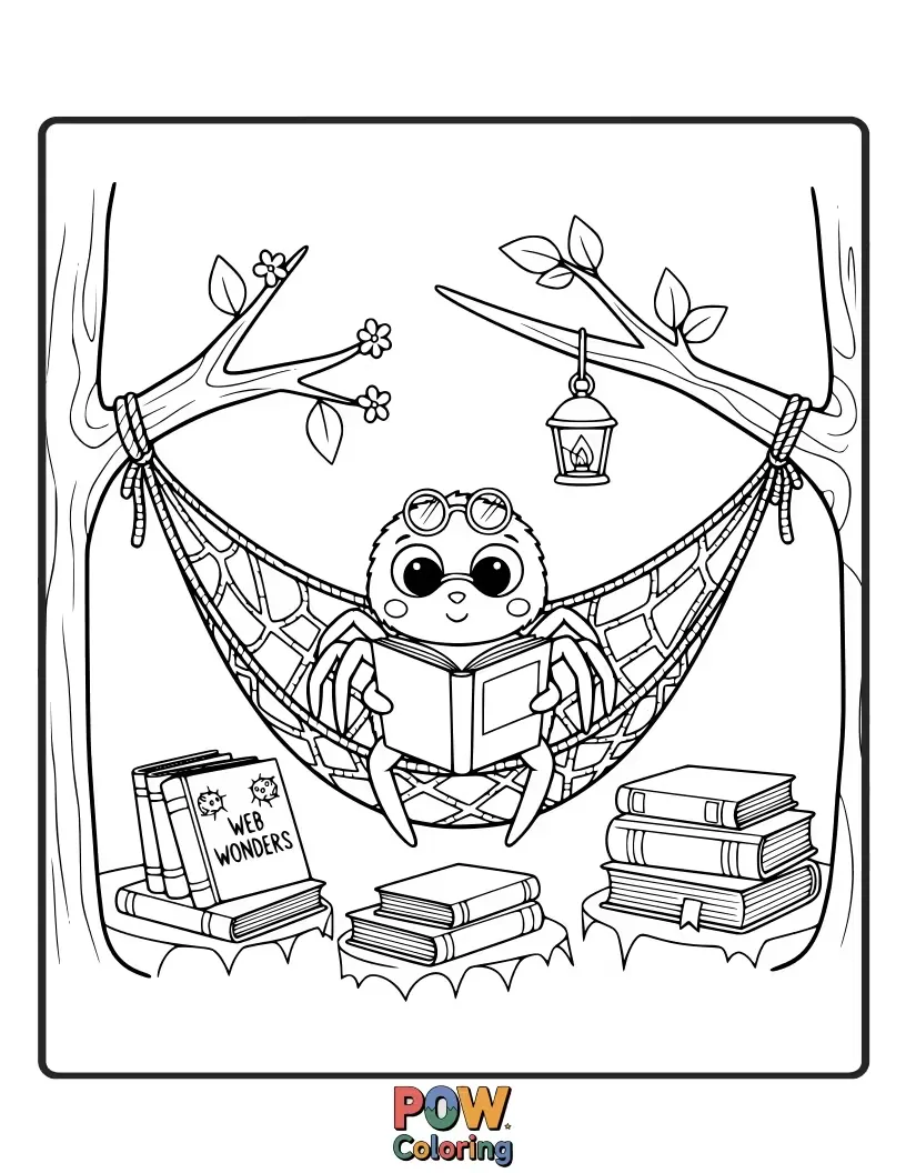 Free coloring page of A content spider nestled in a comfortable armchair with a stack of books. Promotes relaxation and literary-themed coloring.