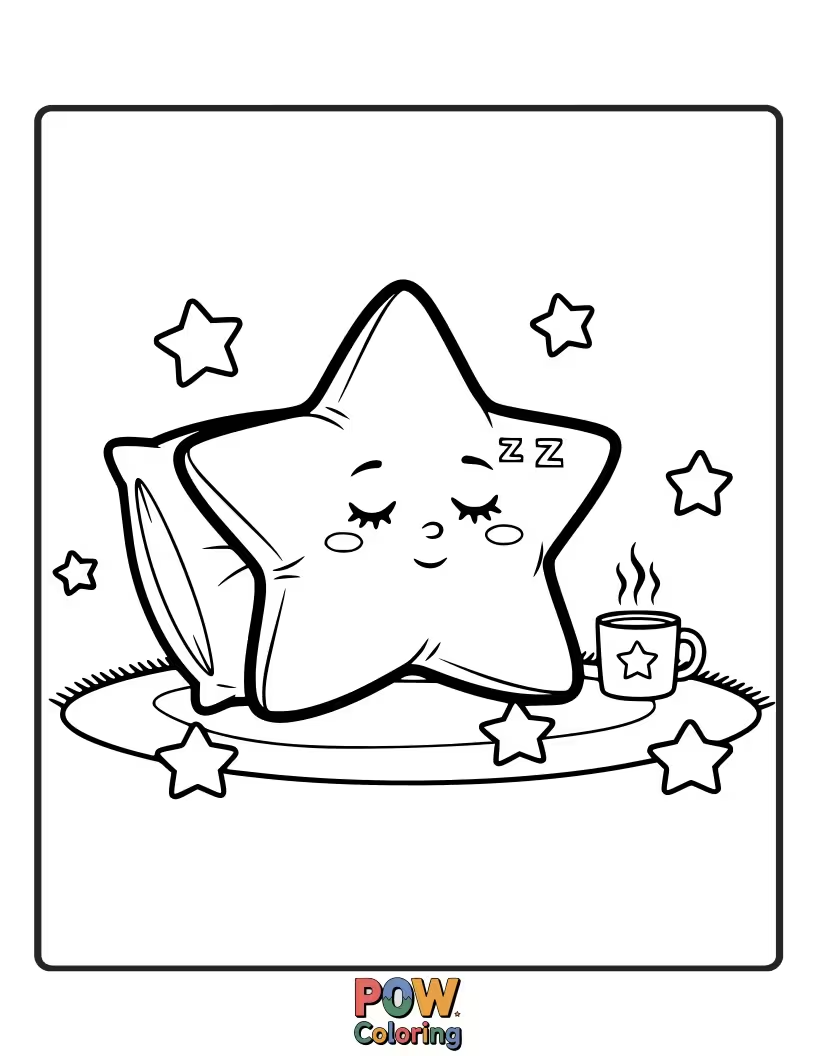 Free coloring page of A plump pillow shaped like a smiling star, radiating warmth and comfort. Color its gentle glow and happy expression.