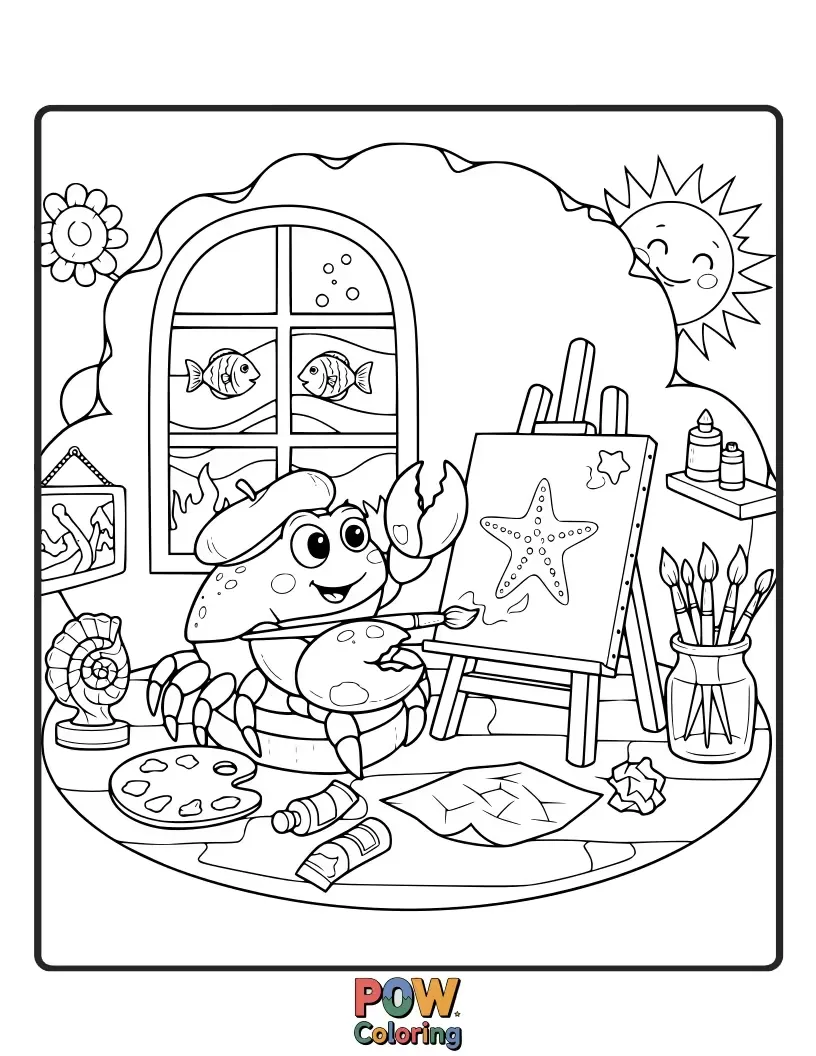 Free coloring page of A creative crab painting a colorful ocean scene with a small paintbrush.