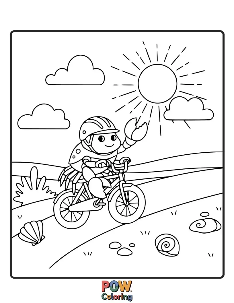 Free coloring page of A determined crab pedaling a tiny bicycle along a sandy path by the sea.
