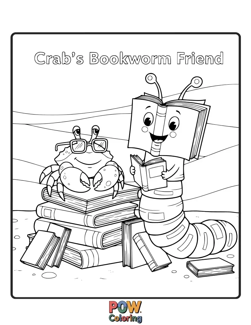Free coloring page of A cute crab offering a book to a friend, sharing the joy of reading.