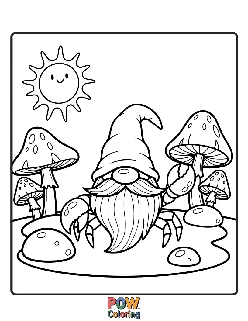 Free coloring page of A whimsical crab dressed as a garden gnome, tending to tiny underwater plants.