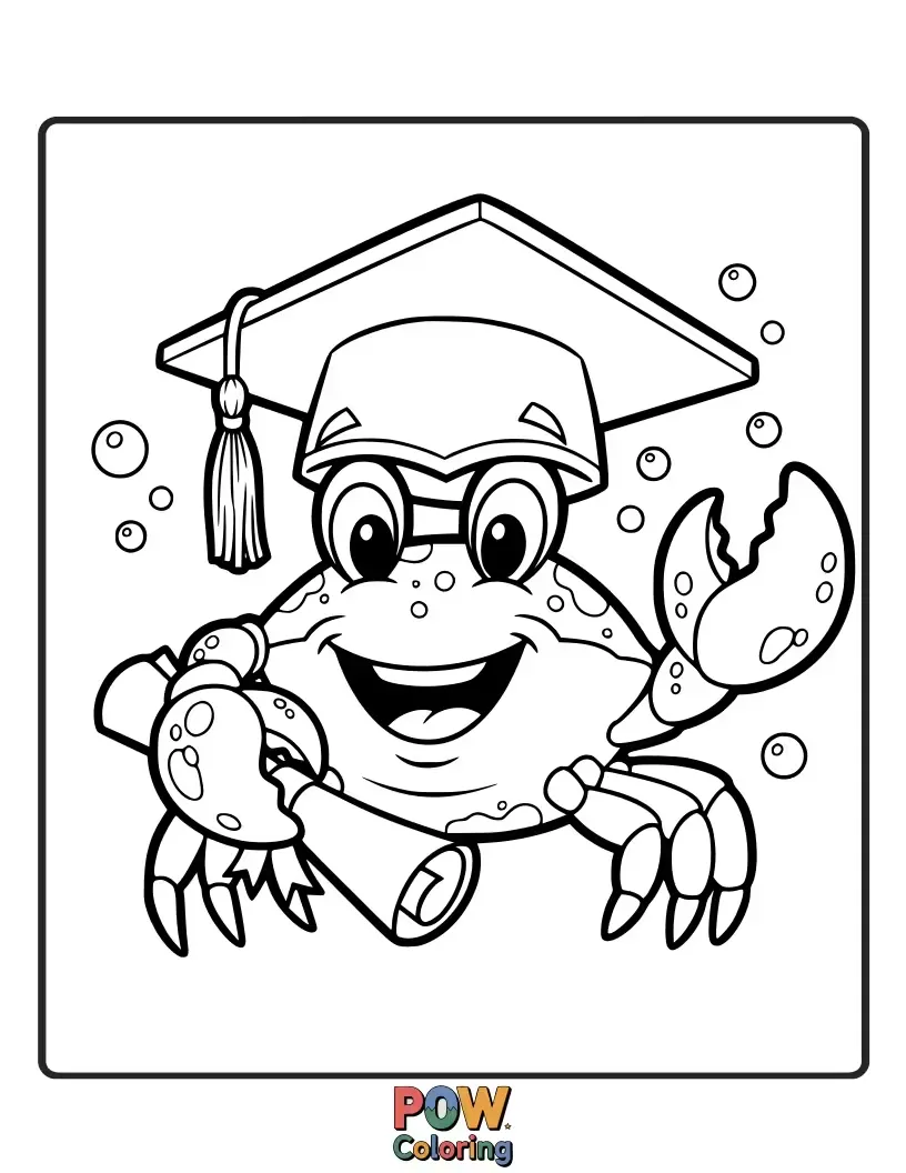 Free coloring page of A smart crab wearing a graduation cap and holding a diploma.