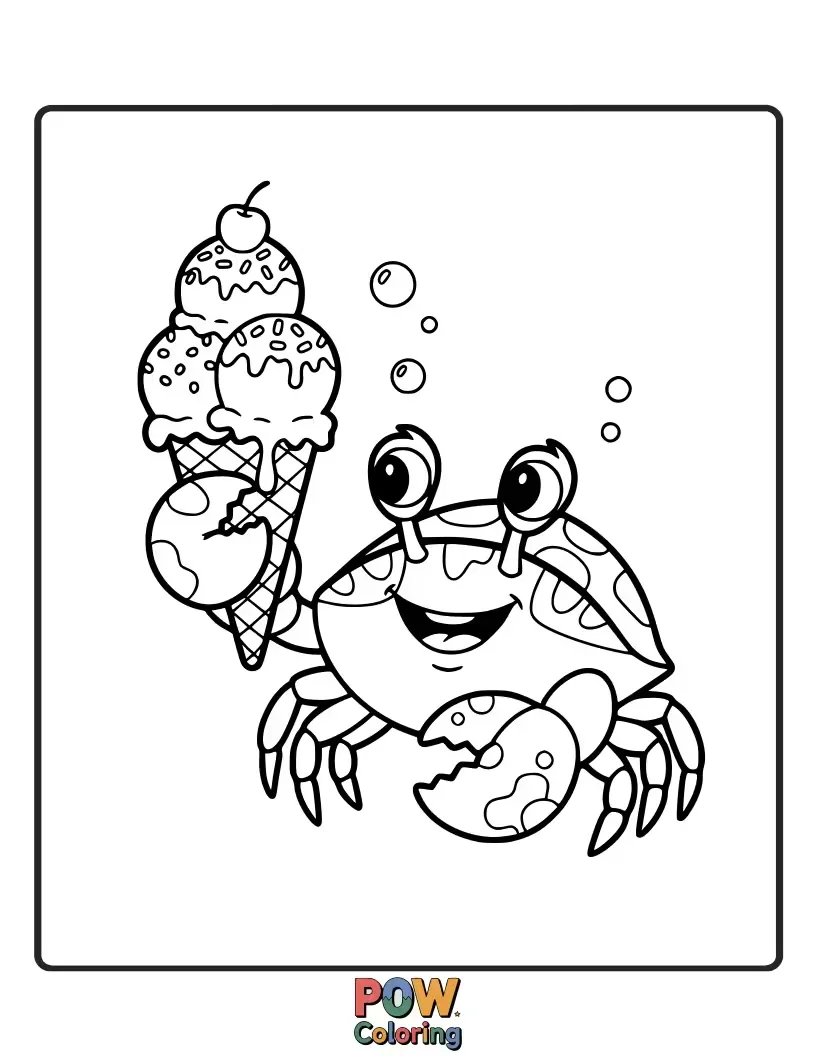 Free coloring page of A happy crab enjoying a giant, drippy ice cream cone on a sunny day.