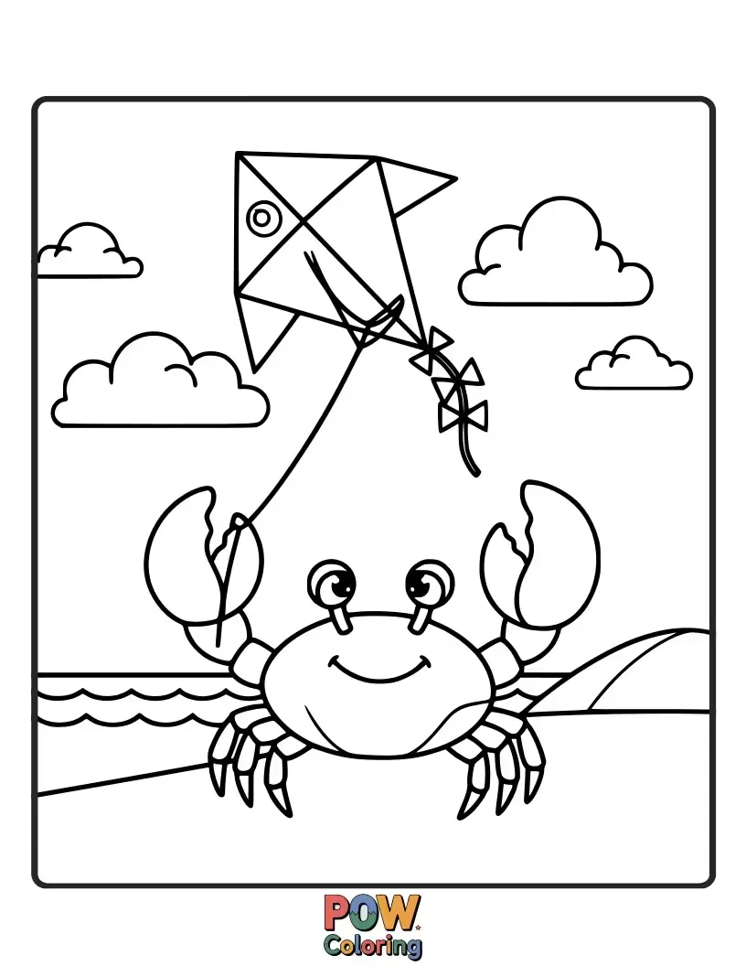 Free coloring page of A playful crab happily flying a colorful kite high in the ocean breeze.