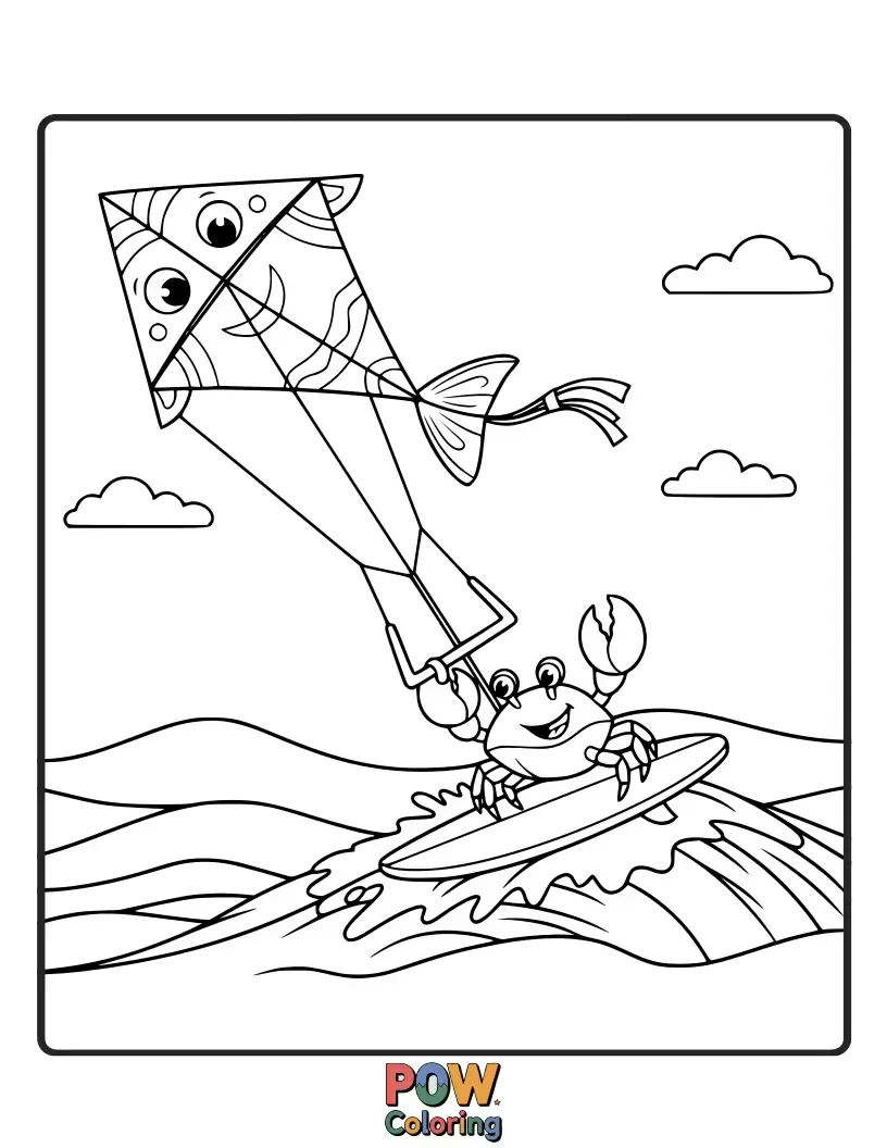 Free coloring page of An adventurous crab bravely kite surfing across the waves with skill and excitement.