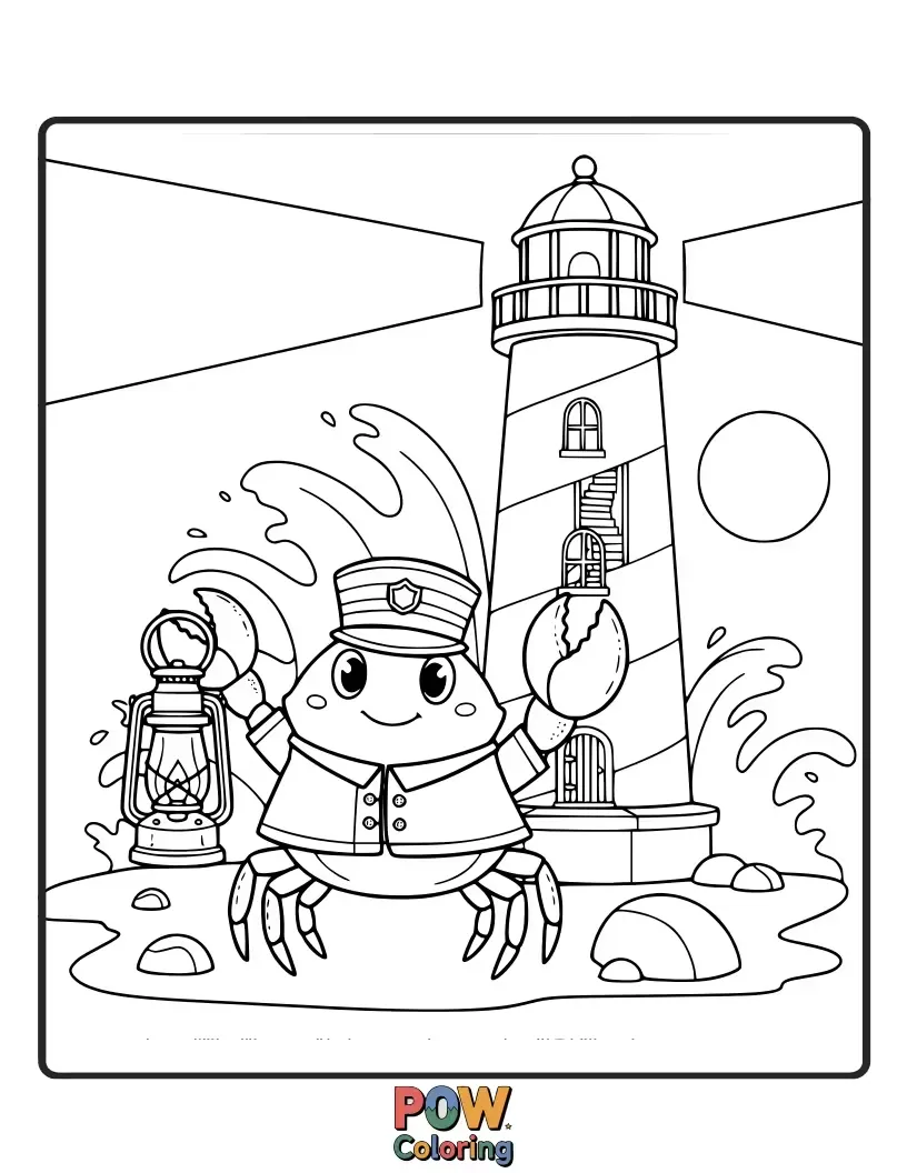 Free coloring page of A diligent crab tending to a lighthouse, guiding ships safely through the night.