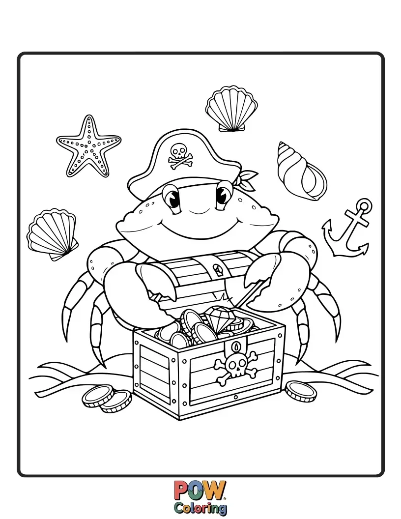 Free coloring page of A swashbuckling crab with an eye patch, guarding a chest full of glittering gold coins.