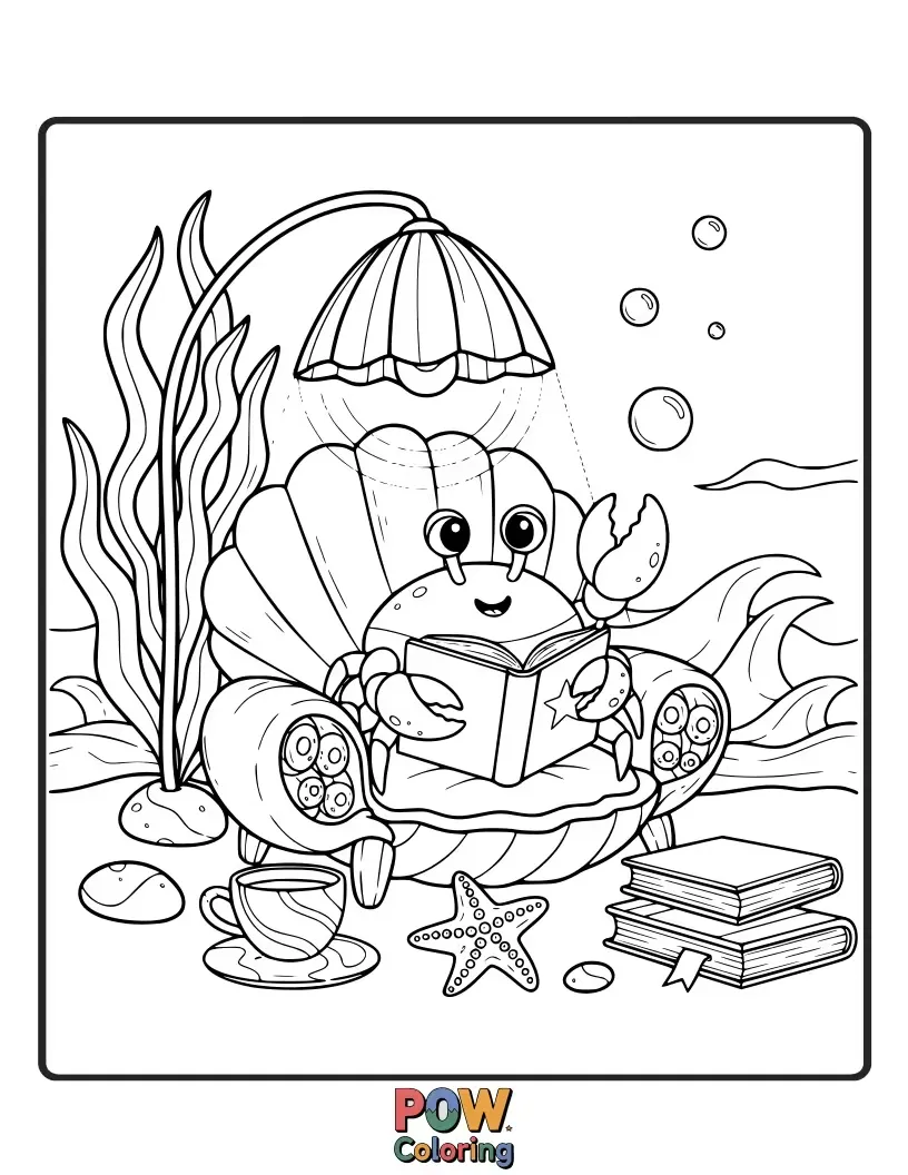 Free coloring page of A studious crab engrossed in a book, nestled in a cozy corner of a coral reef.